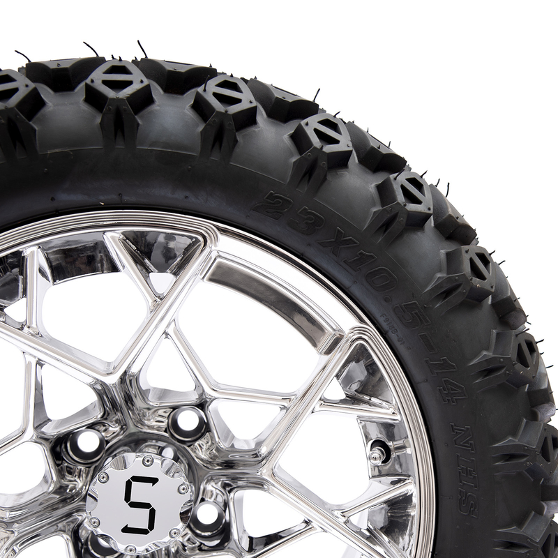 Shu-Ran Golf Cart Warrior 23x10.5-14 Carro de Golf Todos los neumáticos de terreno y 14 pulgadas de anillos de cromo