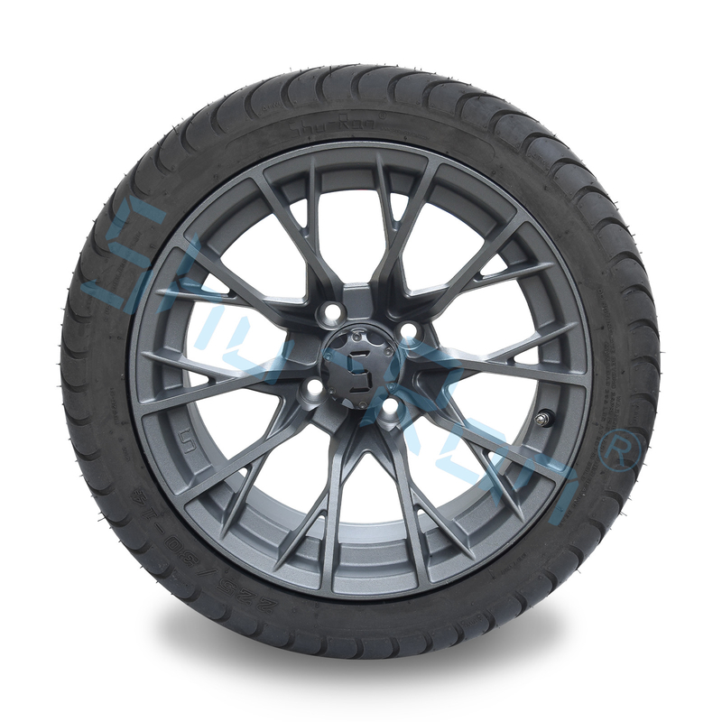 Venta al por mayor de ruedas de carrito de golf de aleación acabada de metal de fuego de 14' de largo, neumáticos sin tubos con llantas para vehículos a tracción rápida UTV 225/30-14