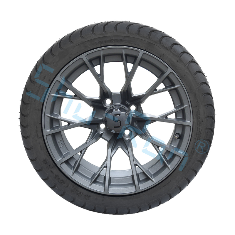 Venta al por mayor de ruedas de carrito de golf de aleación acabada de metal de fuego de 14' de largo, neumáticos sin tubos con llantas para vehículos a tracción rápida UTV 225/30-14
