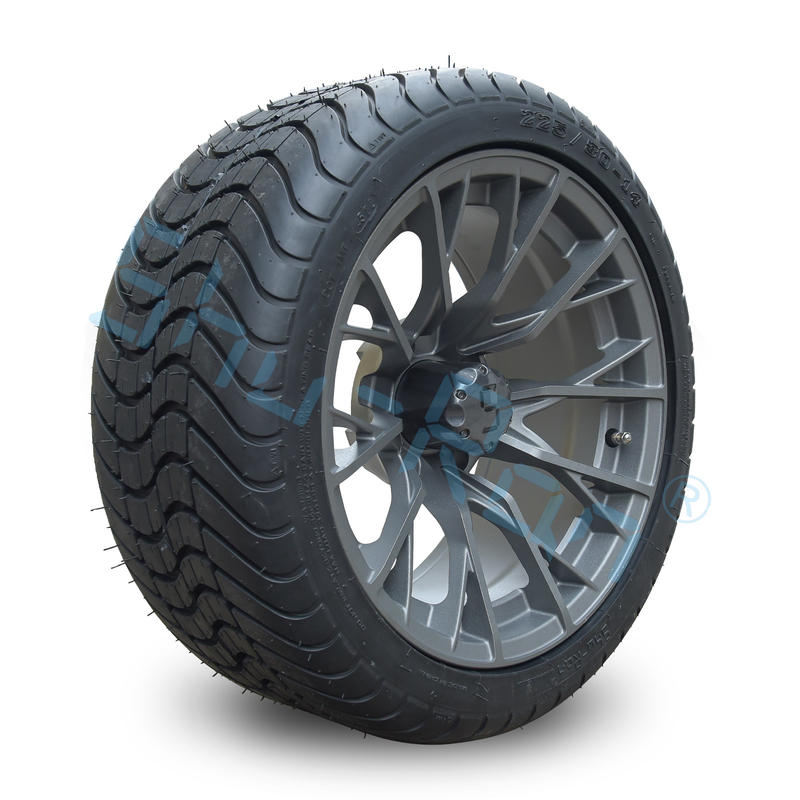 Venta al por mayor de ruedas de carrito de golf de aleación acabada de metal de fuego de 14' de largo, neumáticos sin tubos con llantas para vehículos a tracción rápida UTV 225/30-14