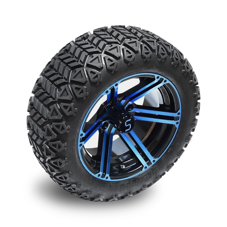 Carro de golf azul de 14 pulgadas/ruedas negras brillantes y 22 pulgadas - neumáticos campo a través altos 4 CAPAS con DOT Approved
