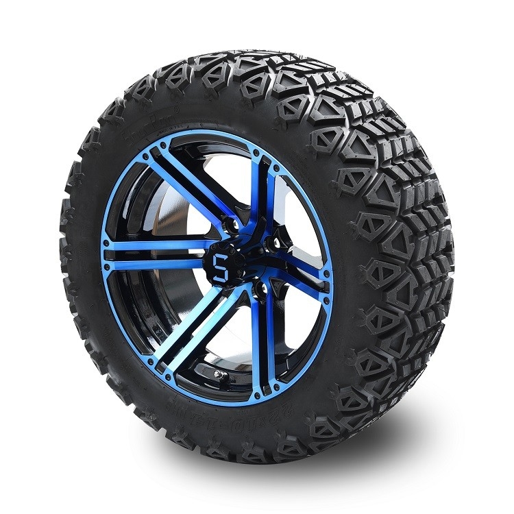 Carro de golf azul de 14 pulgadas/ruedas negras brillantes y 22 pulgadas - neumáticos campo a través altos 4 CAPAS con DOT Approved