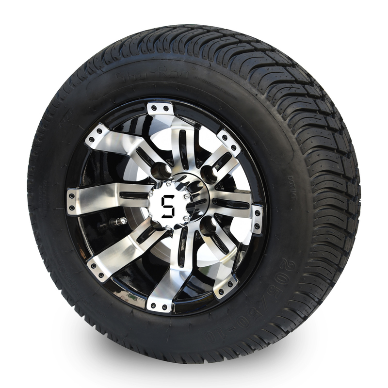 10' Golf Cart Rim Y 205/50-10 DOT Street Tire Assembly - Mecánica / Negro Brillante